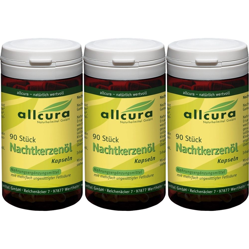 Drei Flaschen mit weißem Deckel und braunem Korpus. Aufschrift: allcura, Nachtkerzenöl Kapseln, 90 Stück. Gelbes Etikett mit grünen Elementen.