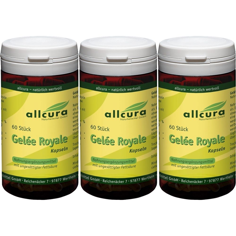 Drei zylindrische Behälter mit weißem Deckel. Auf gelbem Etikett: allcura Gelée Royale Kapseln, 60 Stück. Roter Behälter.