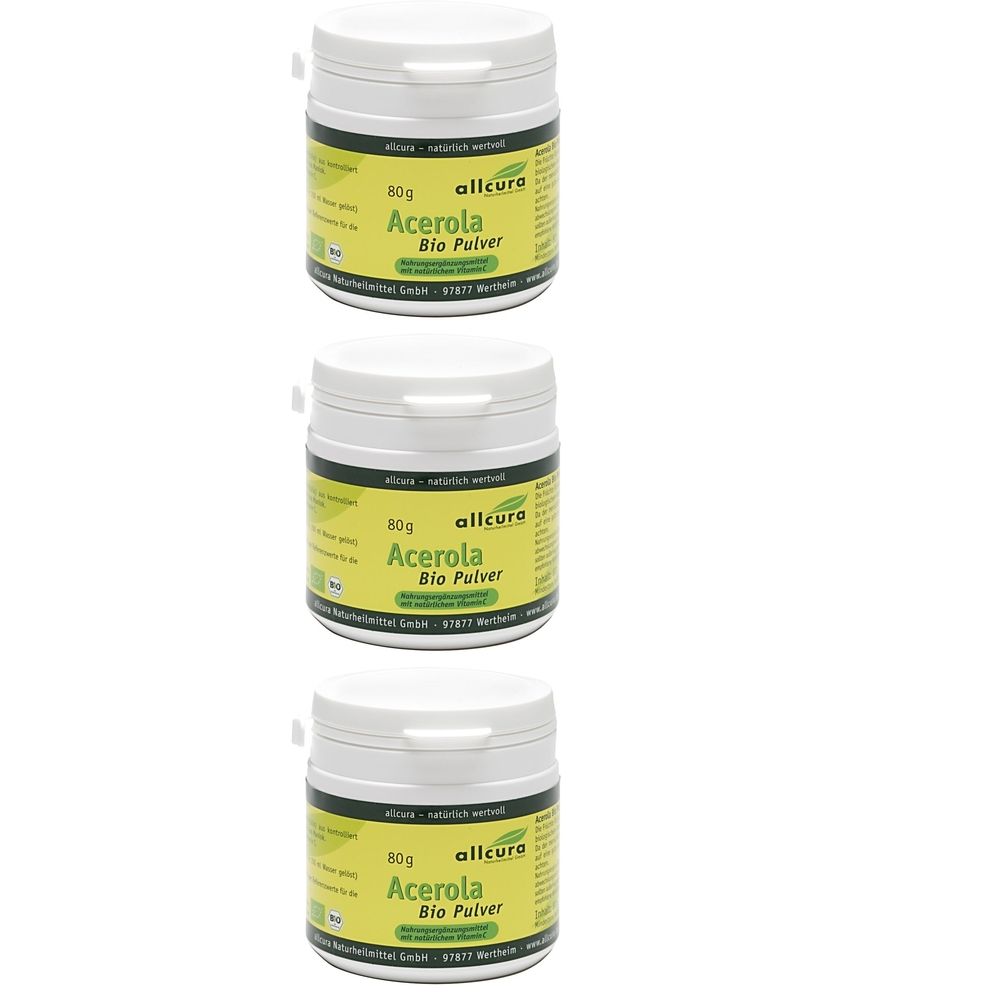Drei weiße Dosen mit gelben Etiketten. Aufschrift: Acerola Bio Pulver, allcura. 80g.