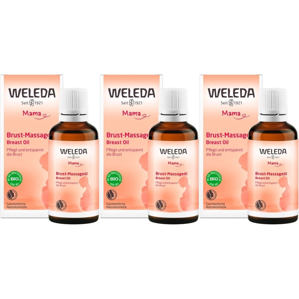 Drei Flaschen Brust-Massageöl mit Verpackung. Braune Glasflaschen mit weißen Deckeln. Verpackung mit Logo und Produktbezeichnung.