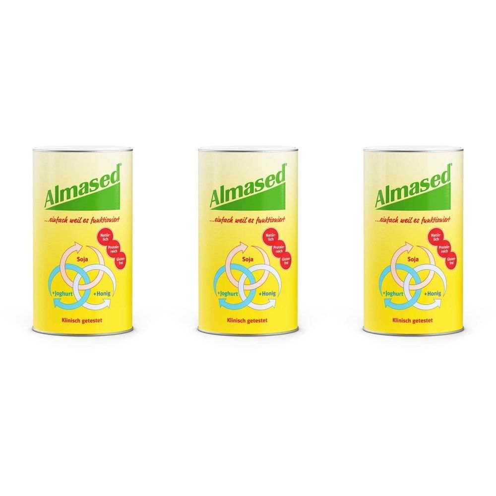 Drei gelbe Dosen mit dem Produktnamen Almased. Auf jeder Dose sind Logos und Text abgebildet.