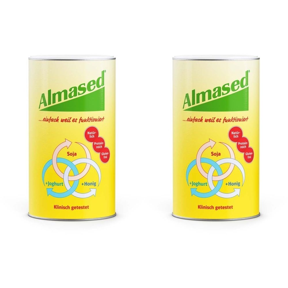 Zwei gelbe Dosen mit der Aufschrift "Almased". Auf den Dosen sind Logos und Text abgebildet, darunter "Soja", "Joghurt" und "Honig".