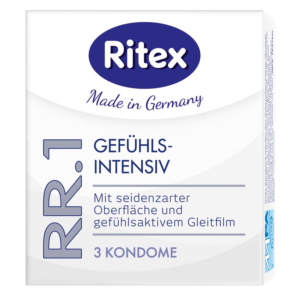 Ritex RR.1 Gefühlsintensiv, 3 Kondome. Weiße Verpackung mit blauem Logo und Produktinformationen.