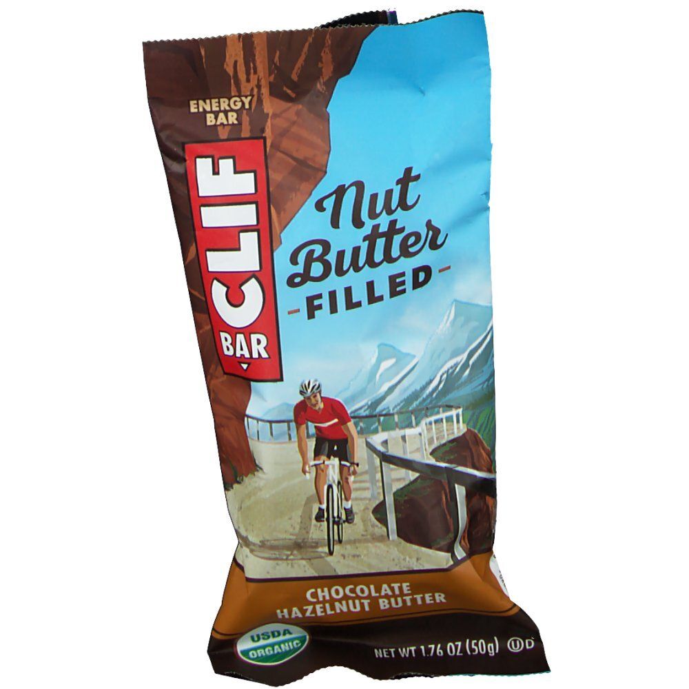 Verpackung eines CLIF Bar Bio Nut Butter Filled Chocolate-Hazelnut. Aufschrift: "Nut Butter Filled", "Chocolate Hazelnut Butter". USDA Organic.