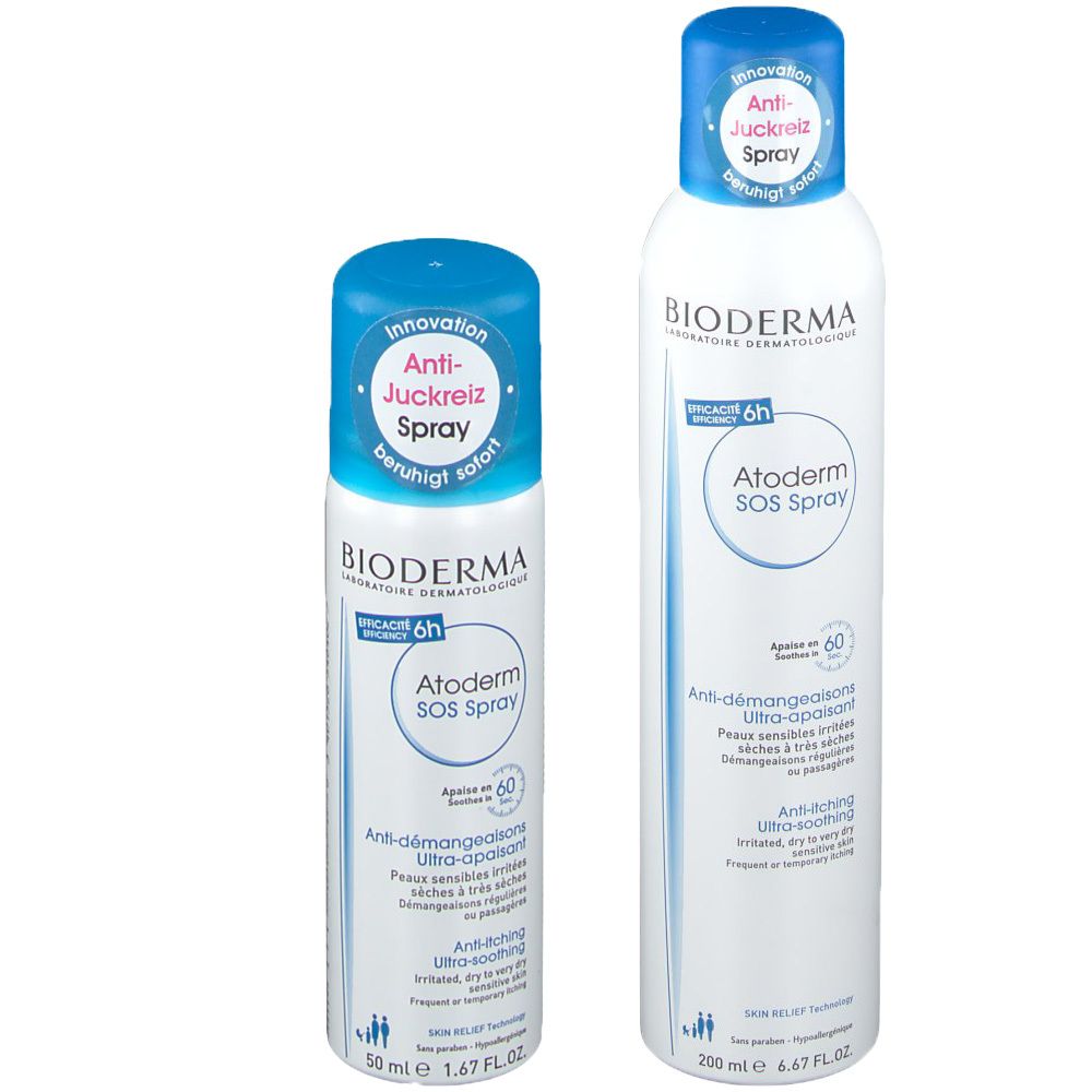 Zwei weiße Sprühflaschen. Aufschrift: BIODERMA Atoderm SOS Spray. Blaue Deckel mit Aufschrift: Anti-Juckreiz Spray.