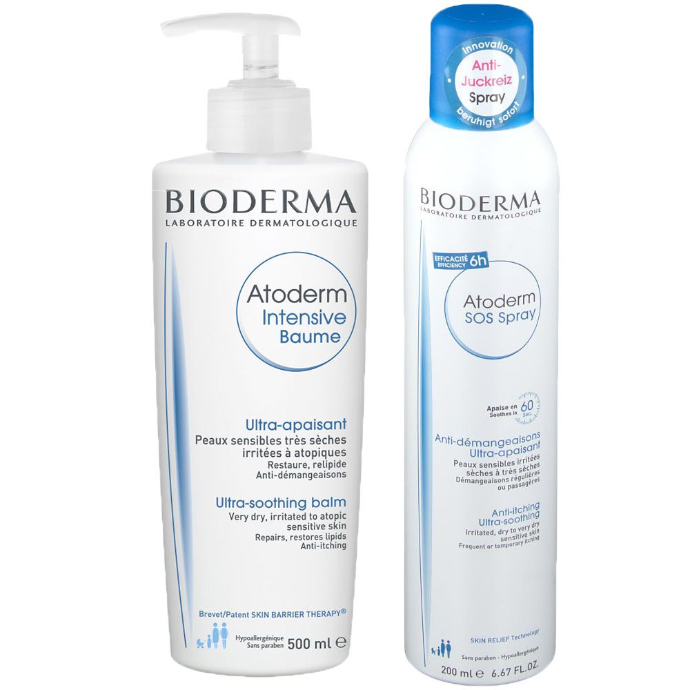 Zwei weiße Flaschen. Eine mit Pumpkopf, Aufschrift BIODERMA Atoderm Intensive Baume. Die andere mit Sprühkopf, BIODERMA Atoderm SOS Spray.