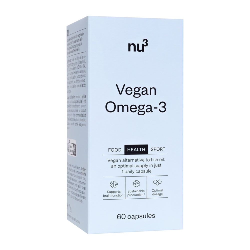 Weiße Verpackung mit 60 veganen Omega-3-Kapseln. Aufschrift: Vegan Omega-3. Marke: nu3.