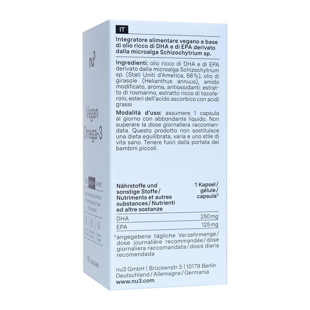 Rückseite der Verpackung mit Inhaltsstoffen und Verzehrempfehlung für vegane Omega-3-Kapseln.