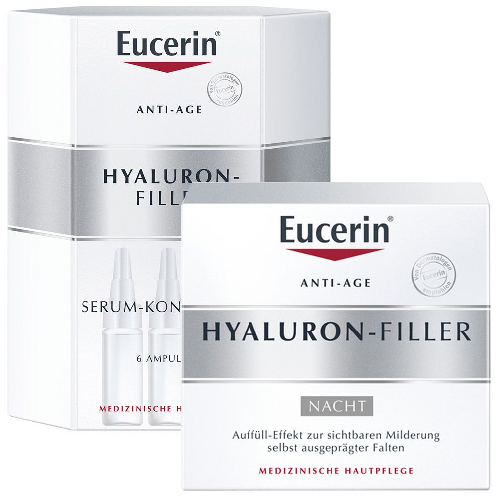 Zwei weiße Produktverpackungen. Aufschrift "Eucerin ANTI-AGE HYALURON-FILLER". Eine Packung mit Ampullen, die andere mit "NACHT".