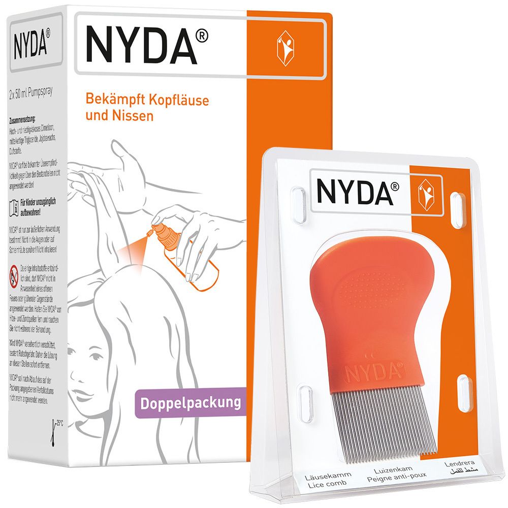 Verpackung mit Spray und Kamm. Aufschrift NYDA®. Bekämpft Kopfläuse und Nissen. Doppelpackung. Kamm in Blisterverpackung.