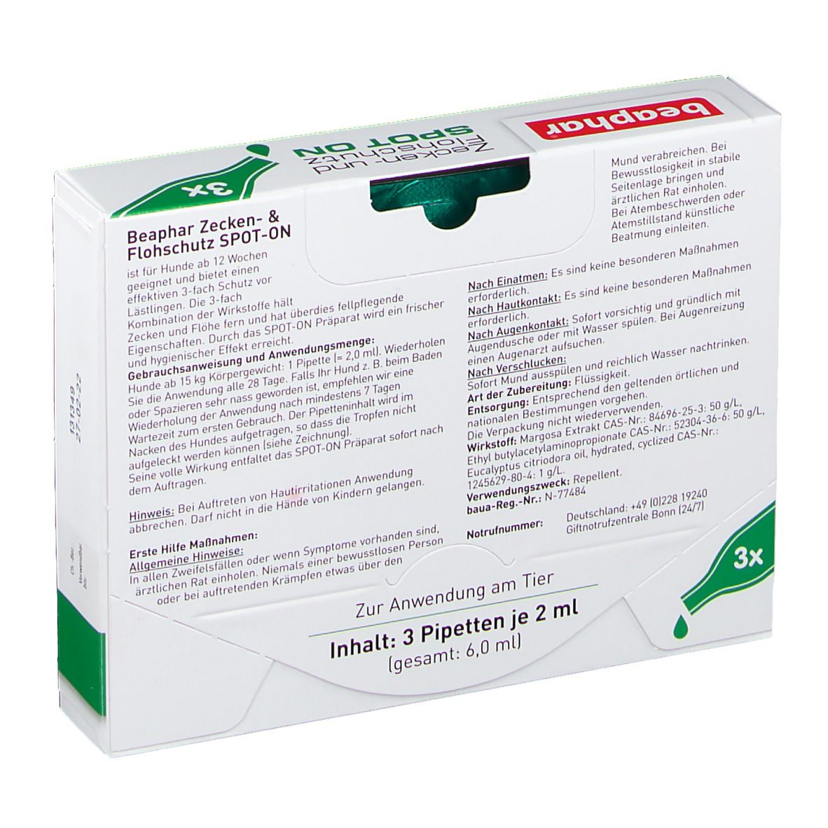 Rückseite der Verpackung von beaphar® Zecken- und Flohschutz SPOT ON. Textinformationen und Abbildung von 3 Pipetten.