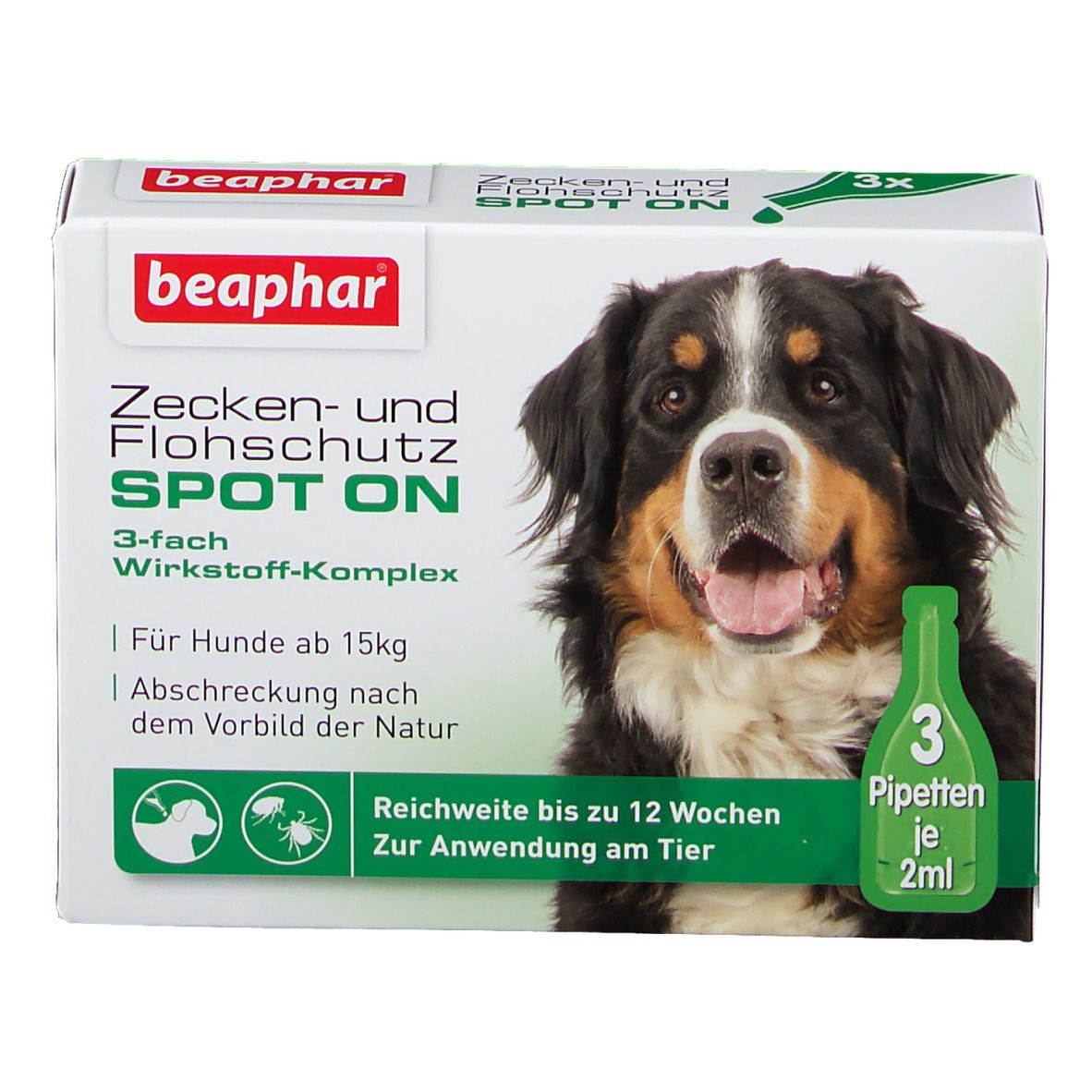 Verpackung von beaphar® Zecken- und Flohschutz SPOT ON. Enthält 3 Pipetten. Abbildung eines Hundes.