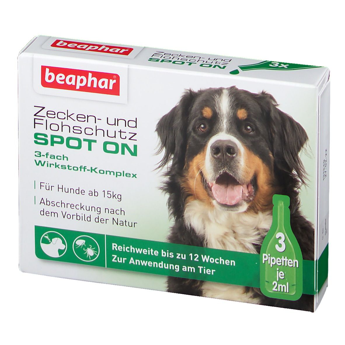 Verpackung von beaphar® Zecken- und Flohschutz SPOT ON. Enthält 3 Pipetten. Abbildung eines Hundes.