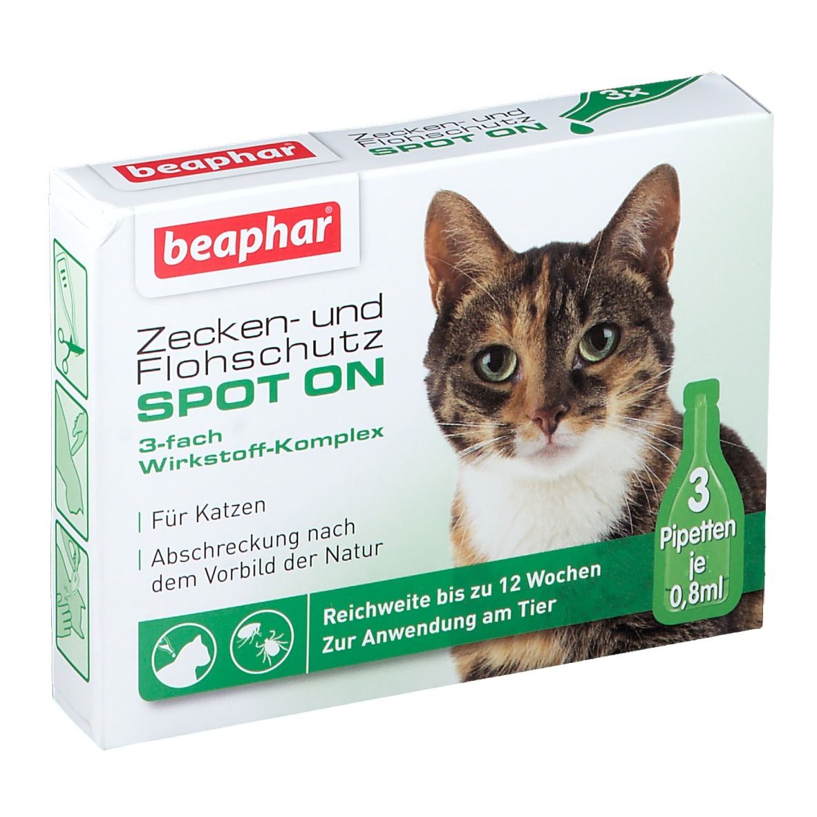 Karton mit Produktabbildung und Katze. Text: Zecken- und Flohschutz SPOT ON, 3 Pipetten.