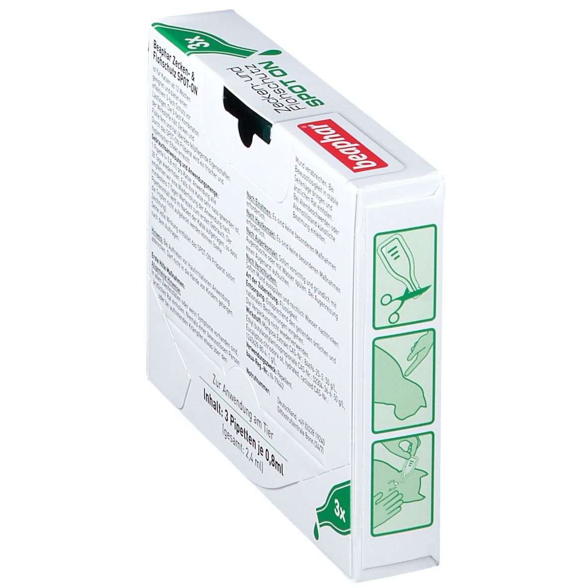 Seitenansicht der Produktverpackung. Zecken- und Flohschutz SPOT ON. Abbildungen zur Anwendung.