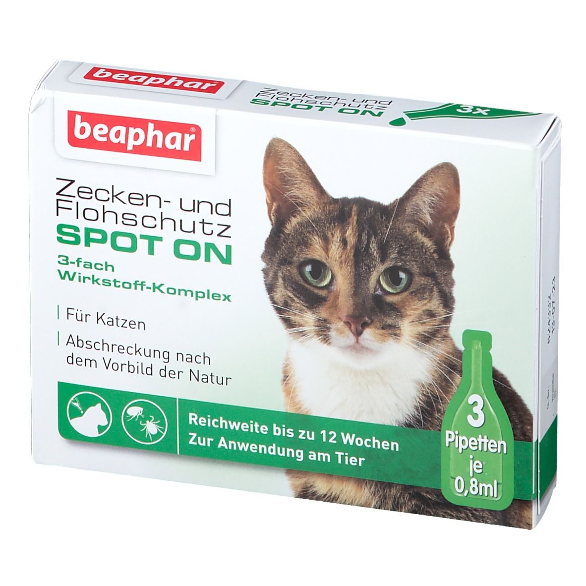 Produktverpackung mit Katze und Produktabbildung. Text: Zecken- und Flohschutz SPOT ON, 3 Pipetten.