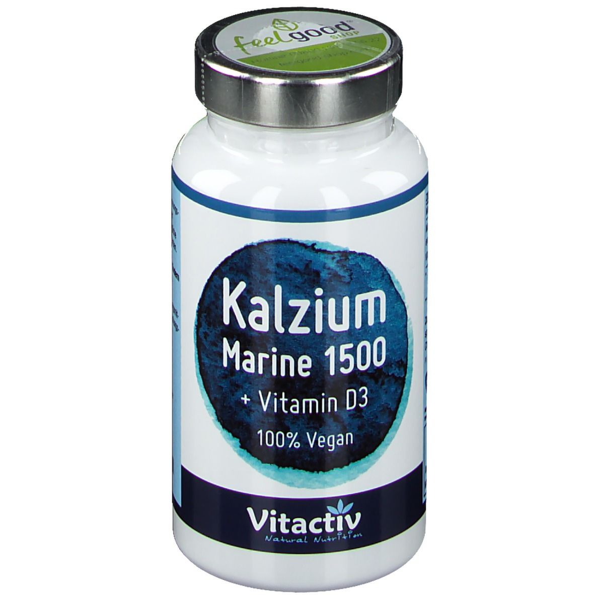 Weiße Flasche mit blauem Etikett. Aufschrift: Kalzium Marine 1500 + Vitamin D3, 100% Vegan. Marke: Vitactiv.