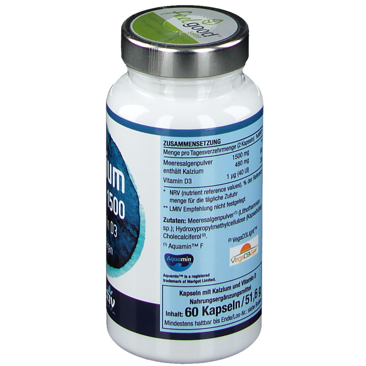 Rückseite der weißen Flasche. Enthält Informationen zu Inhaltsstoffen, Dosierung und Nährwertangaben. Marke: Vitactiv.