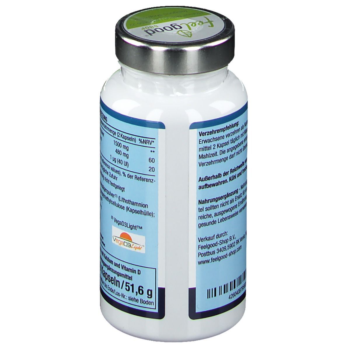 Rückseite der weißen Flasche. Enthält Informationen zur Anwendung und Lagerung. Marke: Vitactiv.