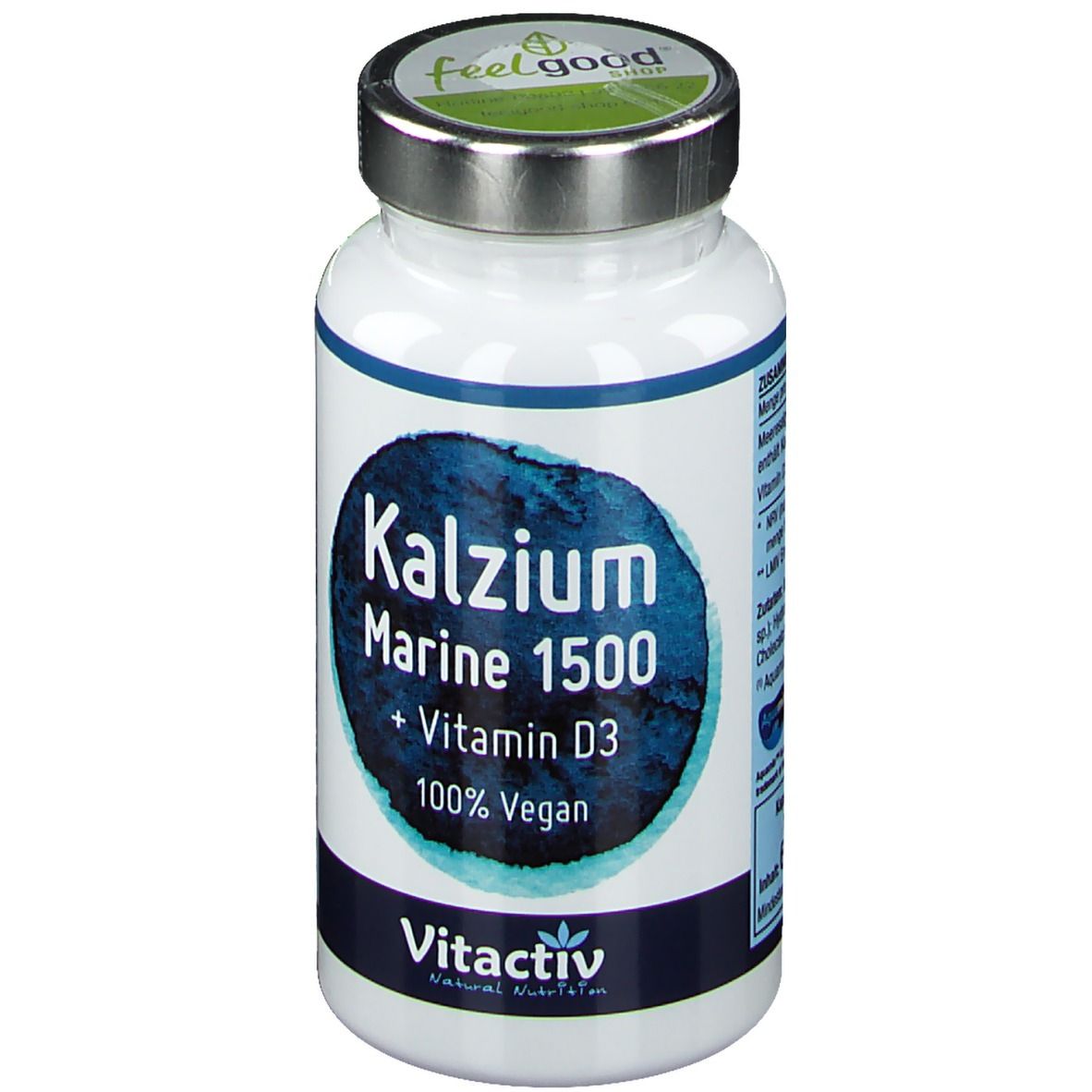Weiße Flasche mit blauem Etikett. Aufschrift: Kalzium Marine 1500 + Vitamin D3, 100% Vegan. Marke: Vitactiv.