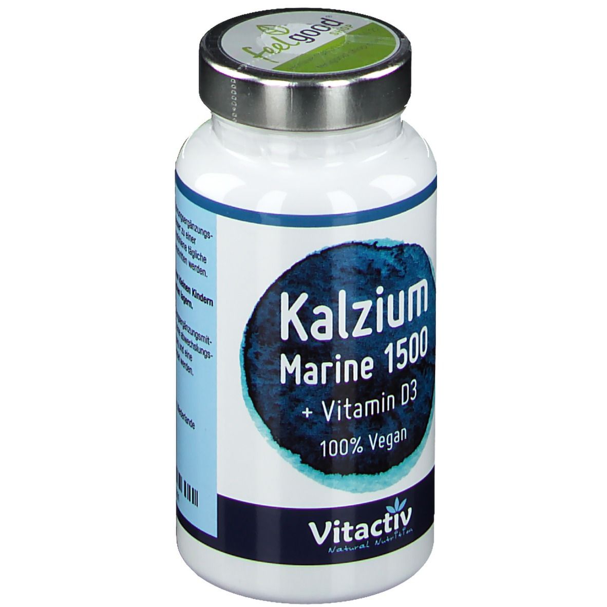 Weiße Flasche mit blauem Etikett. Aufschrift: Kalzium Marine 1500 + Vitamin D3, 100% Vegan. Marke: Vitactiv.