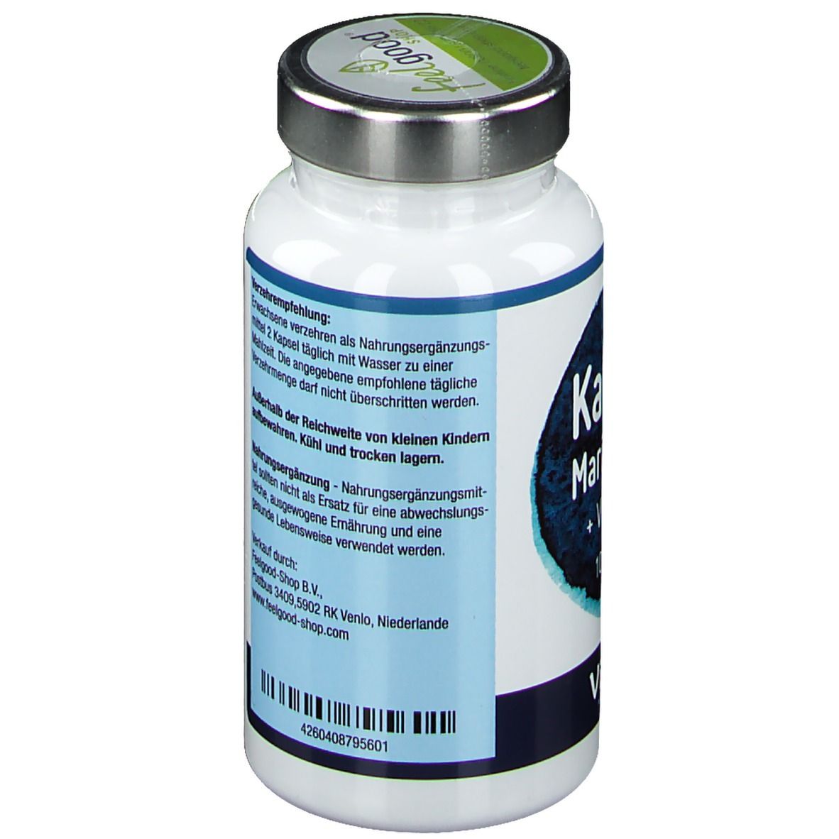 Rückseite der weißen Flasche. Enthält Informationen zur Anwendung und Lagerung. Marke: Vitactiv.