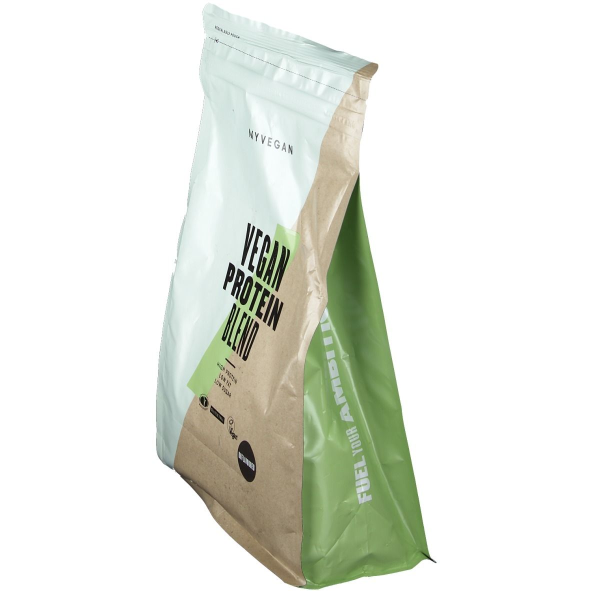 Myprotein Vegan Protein Blend Beutel von der Seite. "Fuel Your Ambition" Aufdruck.
