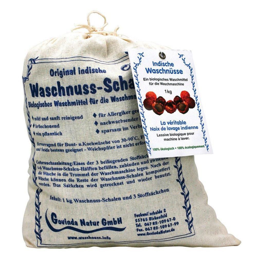 Beutel aus Leinen mit Aufdruck und Anhänger. Aufschrift: Indische Waschnüsse, 1 kg. Enthält Waschnuss-Schalen und Stoffsäckchen.