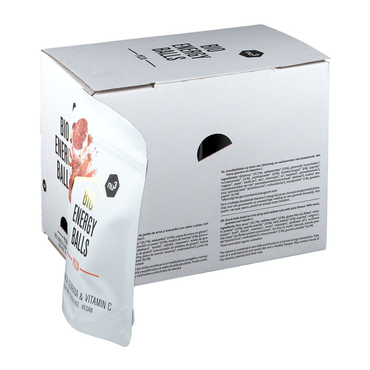 Weiße Verpackung mit Aufdruck "BIO ENERGY BALLS Pizza". Eine Tüte mit Produktabbildung und Aufschrift "nu3 BIO ENERGY BALLS Pizza" ist teilweise sichtbar.