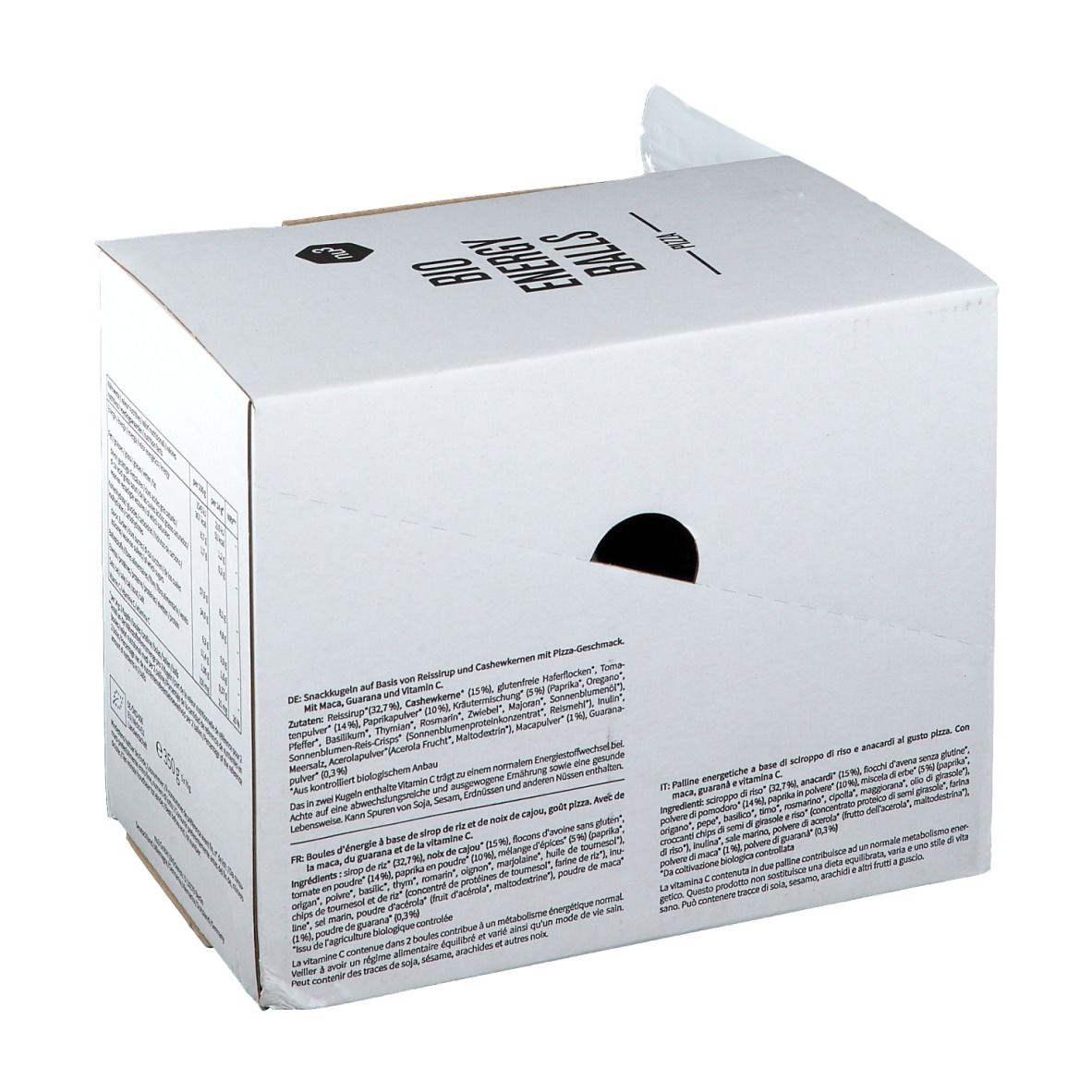 Weiße Verpackung mit Aufdruck "BIO ENERGY BALLS Pizza". Auf der Verpackung sind Informationen und Nährwertangaben abgebildet.
