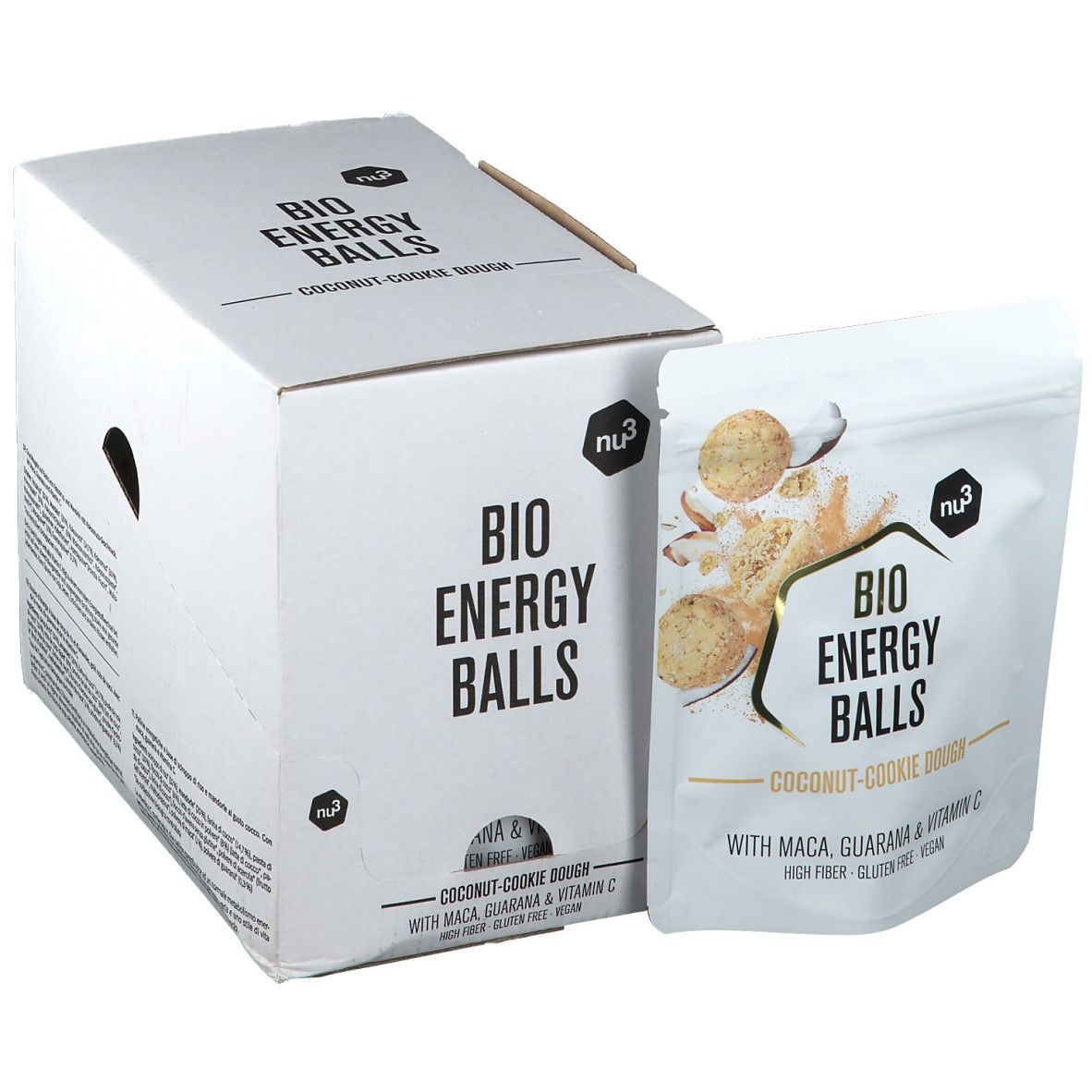Weiße Kartonverpackung mit Aufdruck "BIO ENERGY BALLS". Daneben eine Tüte mit Produktabbildung und Text. Aufdrucke: "Coconut-Cookie Dough", "Maca, Guarana & Vitamin C".