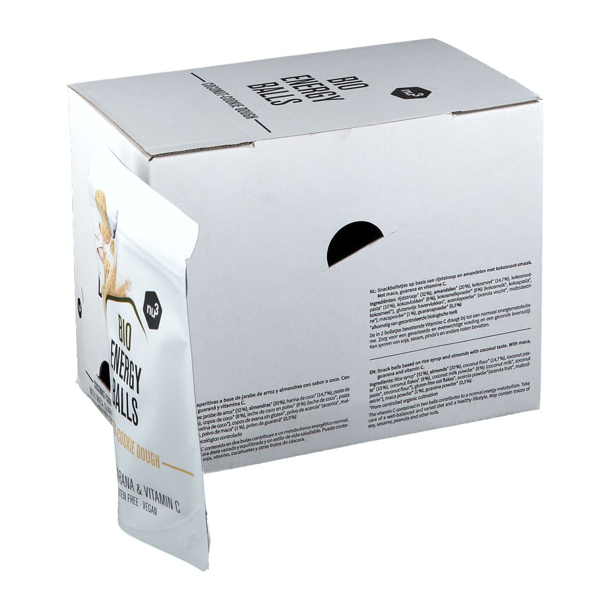 Kartonverpackung mit teilweise geöffneter Klappe. Aufdruck "BIO ENERGY BALLS" und Produktbezeichnung. Daneben ein geöffnetes Produktbeutel. Text: "Coconut-Cookie Dough", "Maca, Guarana & Vitamin C".