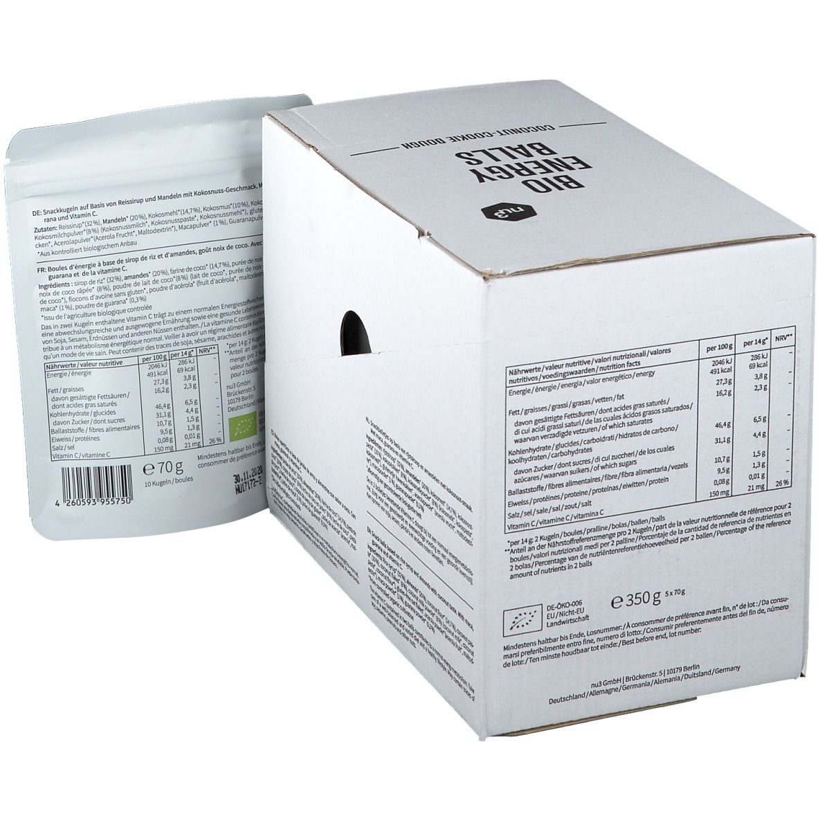 Kartonverpackung mit Produktbeutel daneben. Aufdrucke: "BIO ENERGY BALLS", Nährwertangaben, Zutatenliste. Produktbeutel mit Text: "Coconut-Cookie Dough", "Maca, Guarana & Vitamin C".
