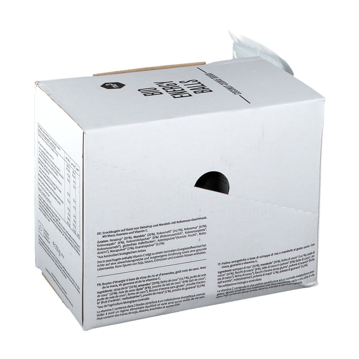 Kartonverpackung mit Aufdruck "BIO ENERGY BALLS". Rückseite mit Text und Nährwertangaben. Aufdrucke: "Coconut-Cookie Dough", "Maca, Guarana & Vitamin C".