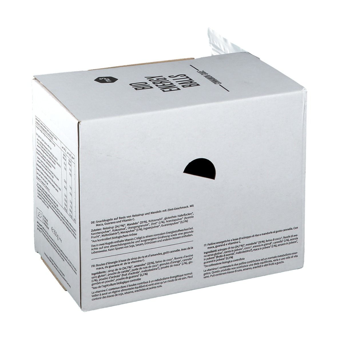 Weiße Kartonverpackung mit Aufdruck "BIO ENERGY BALLS". Rückseite mit Produktinformationen und Nährwerttabelle. Aufdrucke in mehreren Sprachen.
