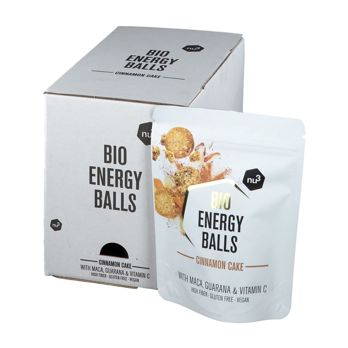 Produktverpackung mit "BIO ENERGY BALLS Cinnamon Cake". Aufdrucke mit Produktnamen, Zutaten und Logo. Weiße Verpackung mit Produktabbildung.
