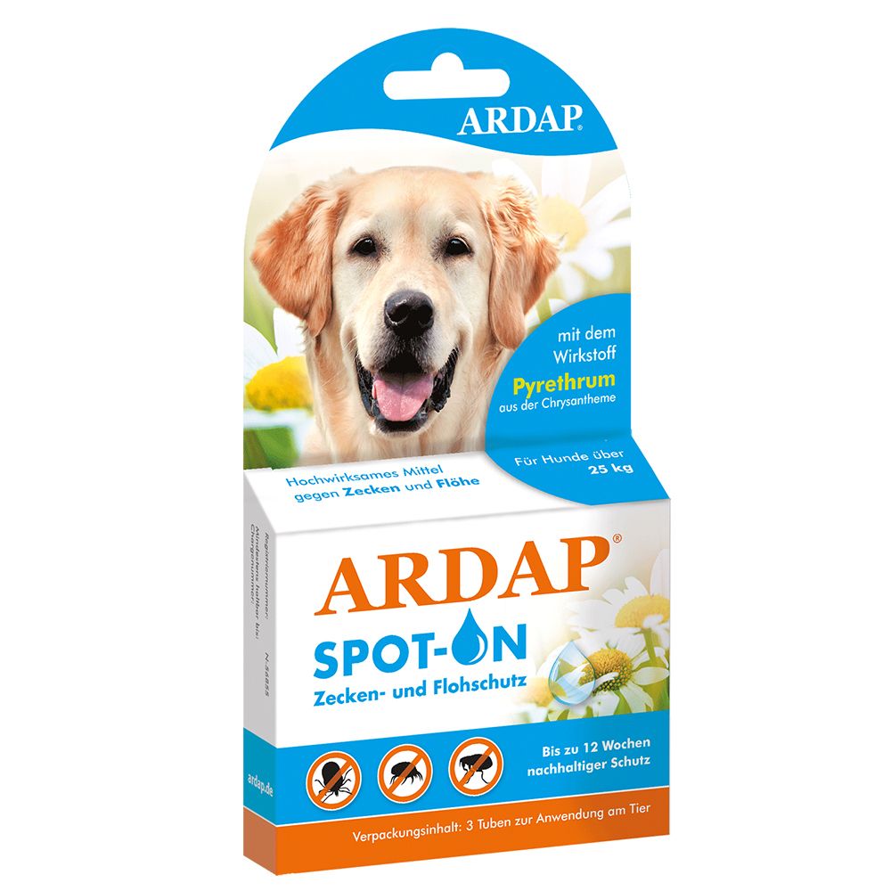 Verpackung mit Produktname und Hundefoto. Text: Spot-On, Zecken- und Flohschutz. Für Hunde über 25 kg.