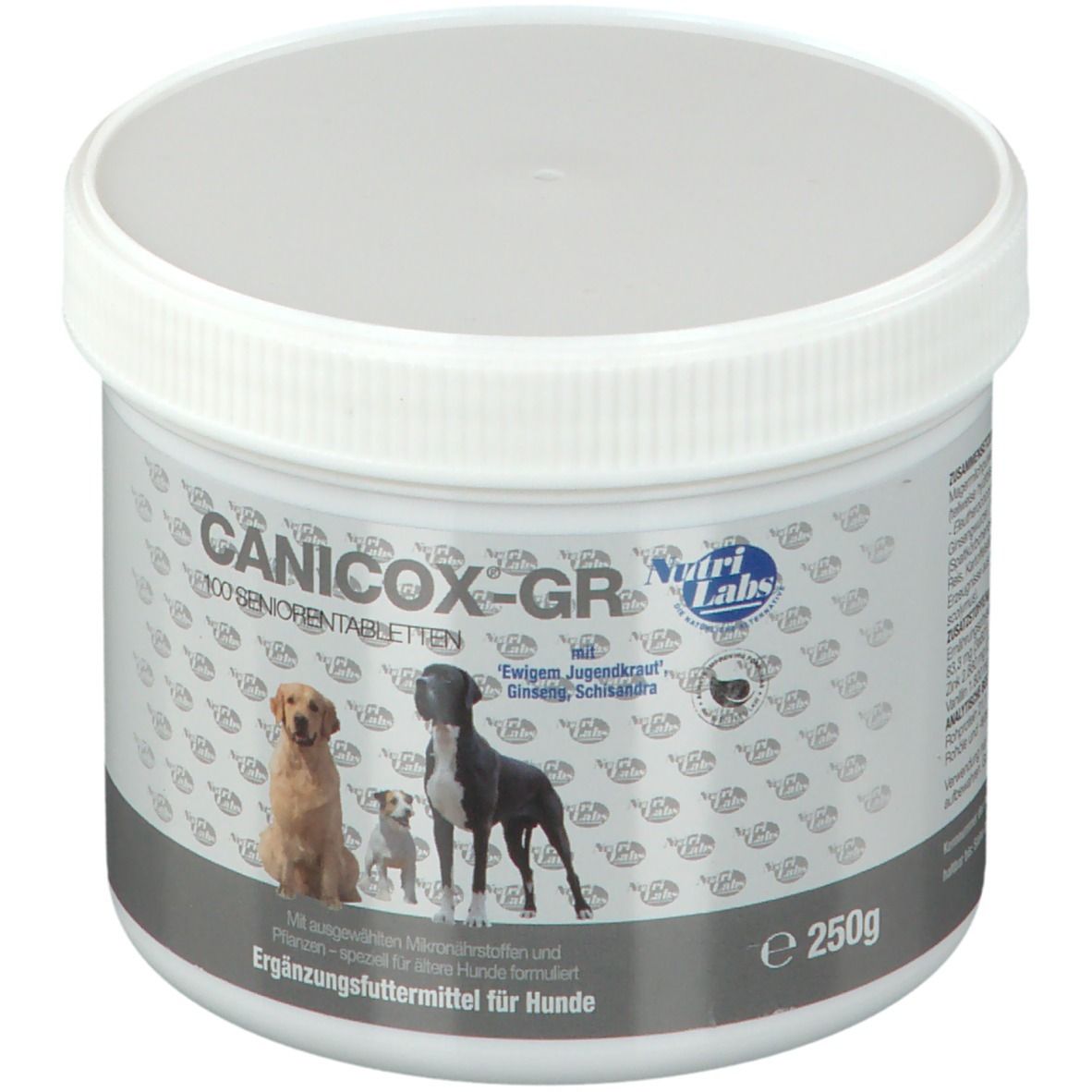 Weiße Dose mit Deckel. Aufschrift CANICOX-GR und Logo Nutri Labs. Abbildung von Hunden.