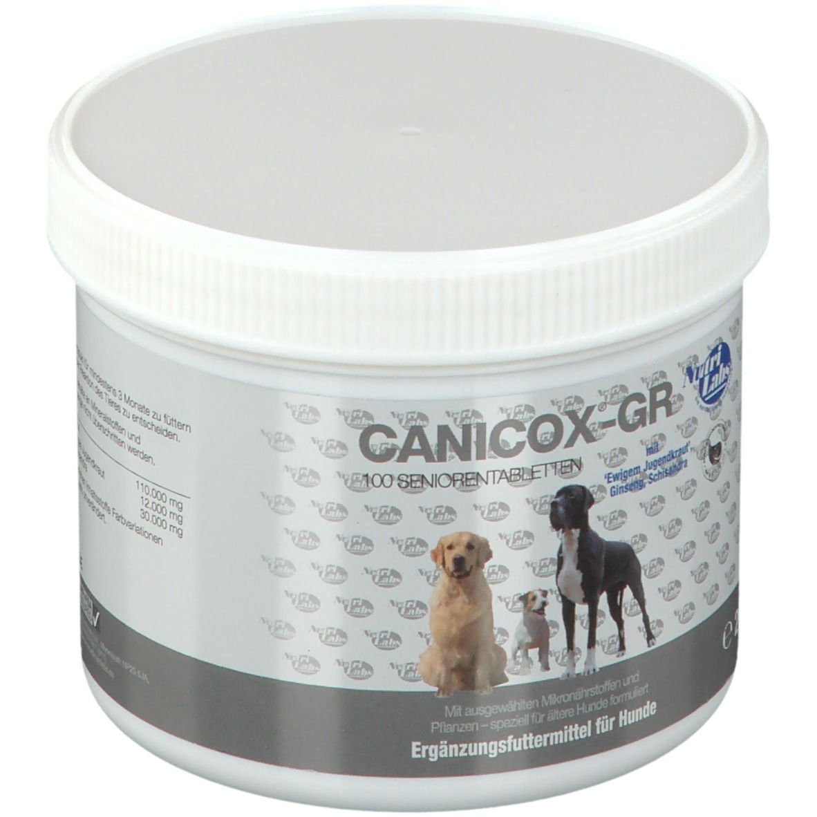 Weiße Dose mit Deckel. Aufschrift CANICOX-GR und Logo Nutri Labs. Abbildung von Hunden.