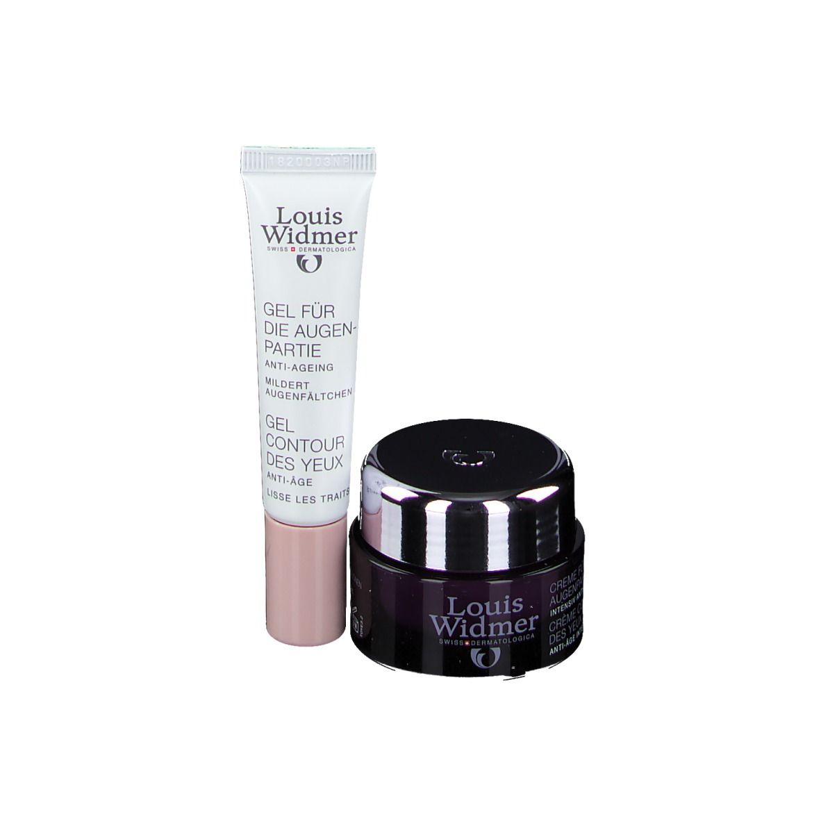 Augen-Set mit Creme und Gel. Creme-Tiegel mit Deckel, Gel-Tube mit Schriftzug. Beide Produkte sind von Louis Widmer.