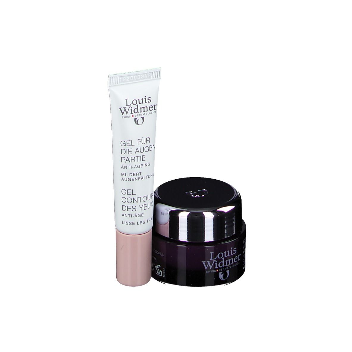 Augen-Set mit Creme und Gel. Creme-Tiegel und Gel-Tube. Beide Produkte sind von Louis Widmer. Gel-Tube mit Schriftzug.