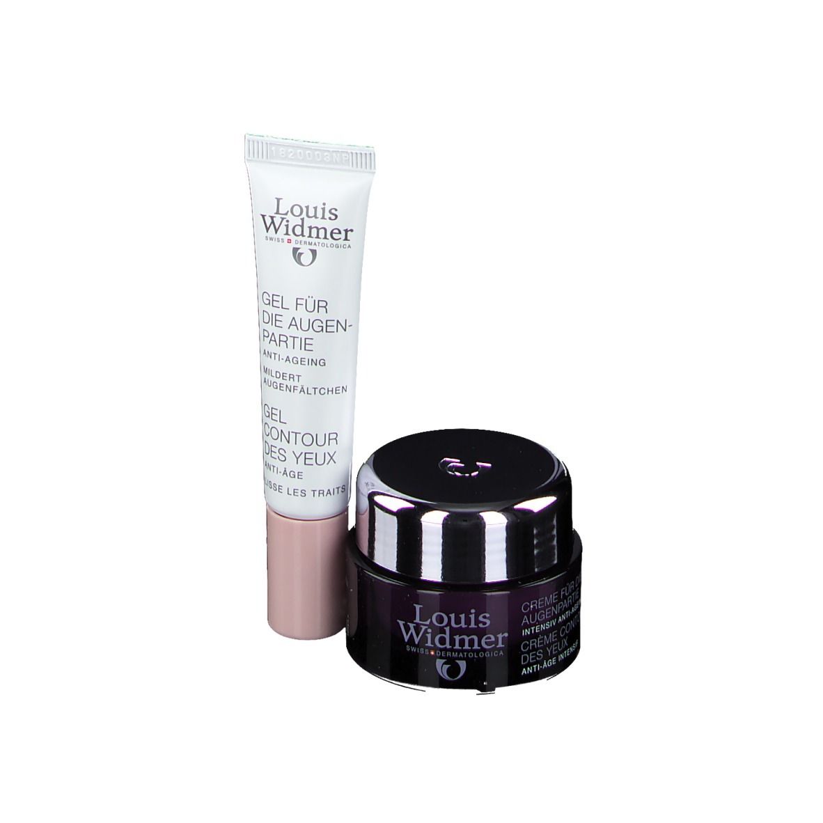 Augen-Set mit Creme und Gel. Creme-Tiegel und Gel-Tube. Beide Produkte sind von Louis Widmer. Gel-Tube mit Schriftzug.