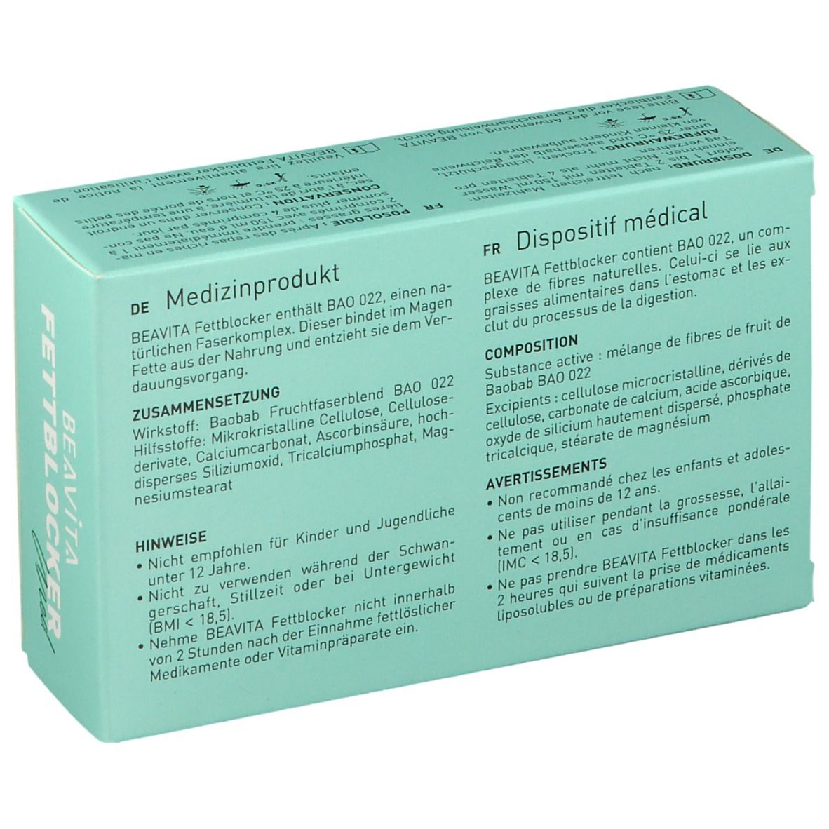 Karton von BEAVITA Fettblocker. Grün-weiße Verpackung mit Produktinformationen und dem Markennamen. Text in Deutsch und Französisch.