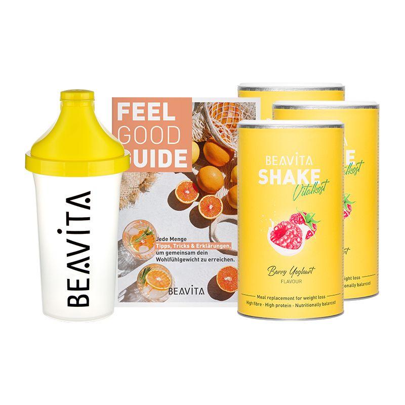 BEAVITA Shake Vitalboost, Himbeer-Joghurt, mit Shaker und Ratgeber. Dose, Shaker und Broschüre. Gelb und weiß. Text: Feel Good Guide.