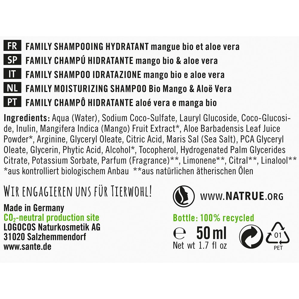 Rückseite der Shampoo-Flasche. Text: Inhaltsstoffe, www.NATRUE.ORG, 50 ml, recycelte Flasche, hergestellt in Deutschland.