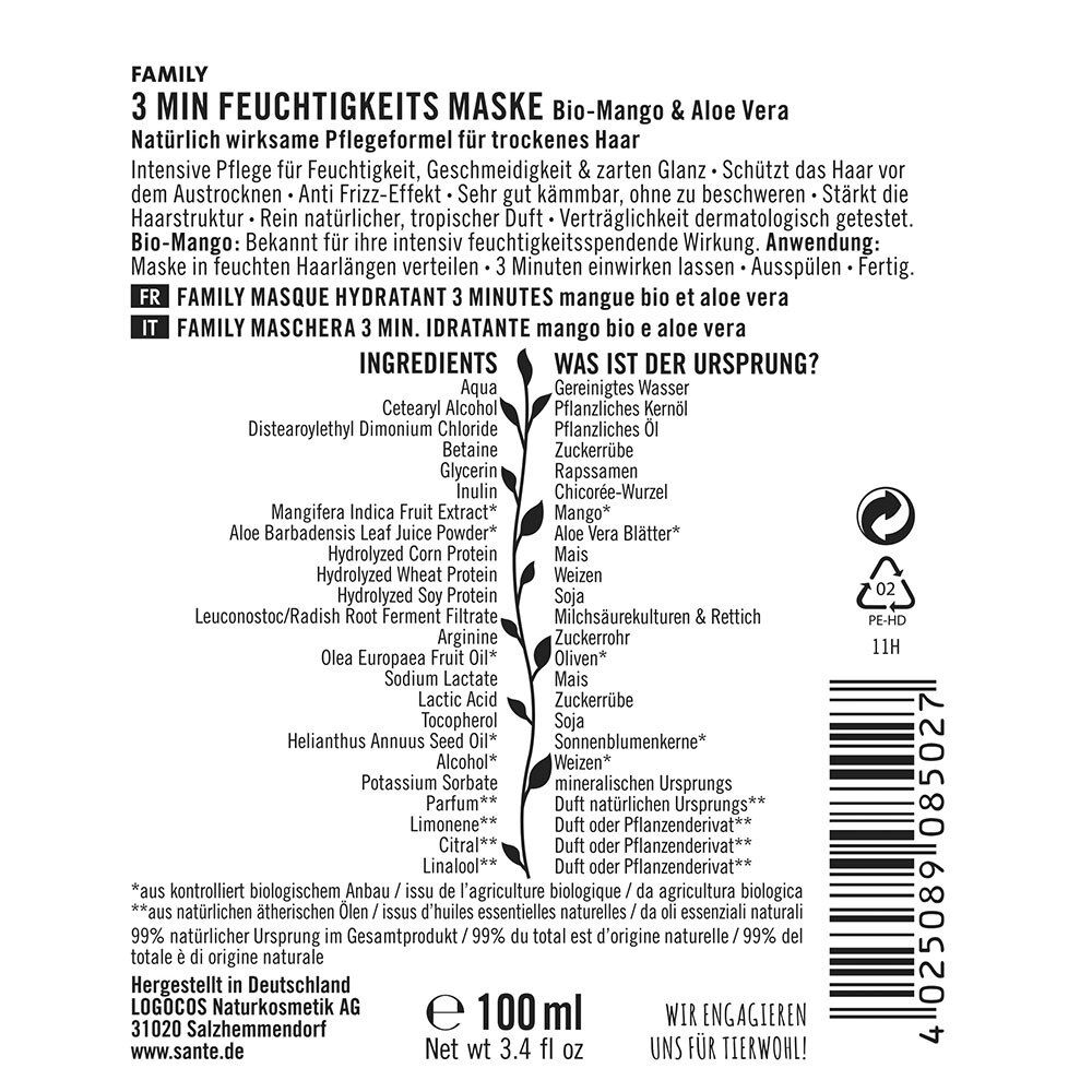 SANTE Family Naturkosmetik 3 Min Feuchtigkeits Maske Bio-Mango & Aloe Vera