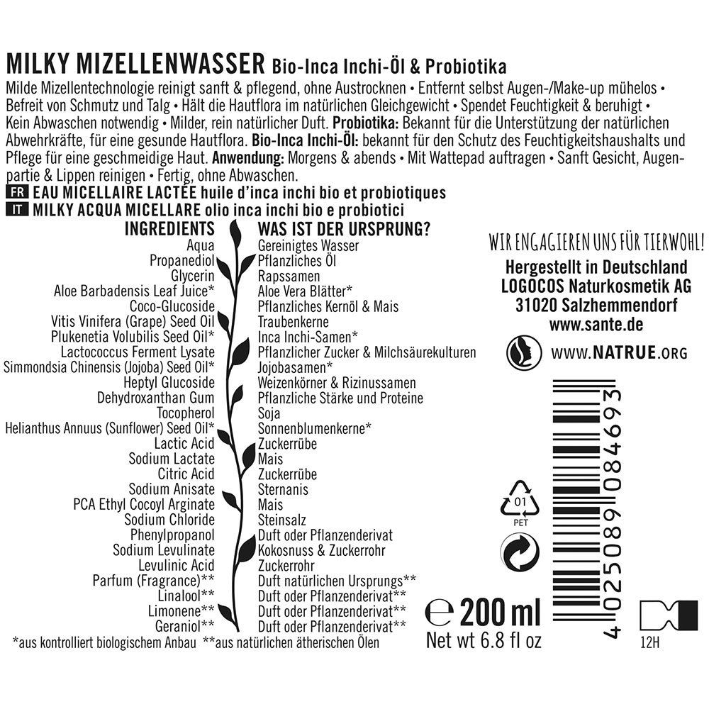 SANTE Naturkosmetik Milky Mizellenwasser Bio-Inca-Inchi-Öl & Probiotika