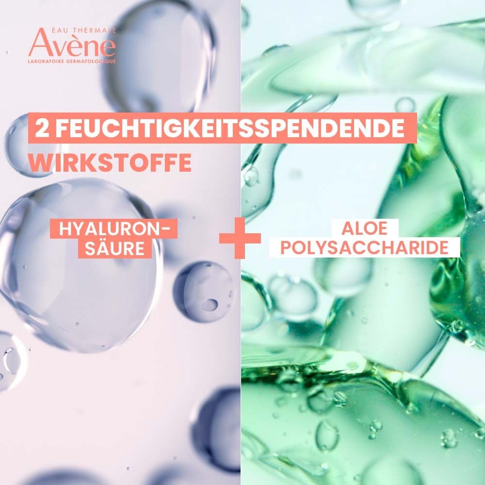 Zwei Abbildungen: Hyaluronsäure und Aloe Polysaccharide. Text: 2 feuchtigkeitsspendende Wirkstoffe.
