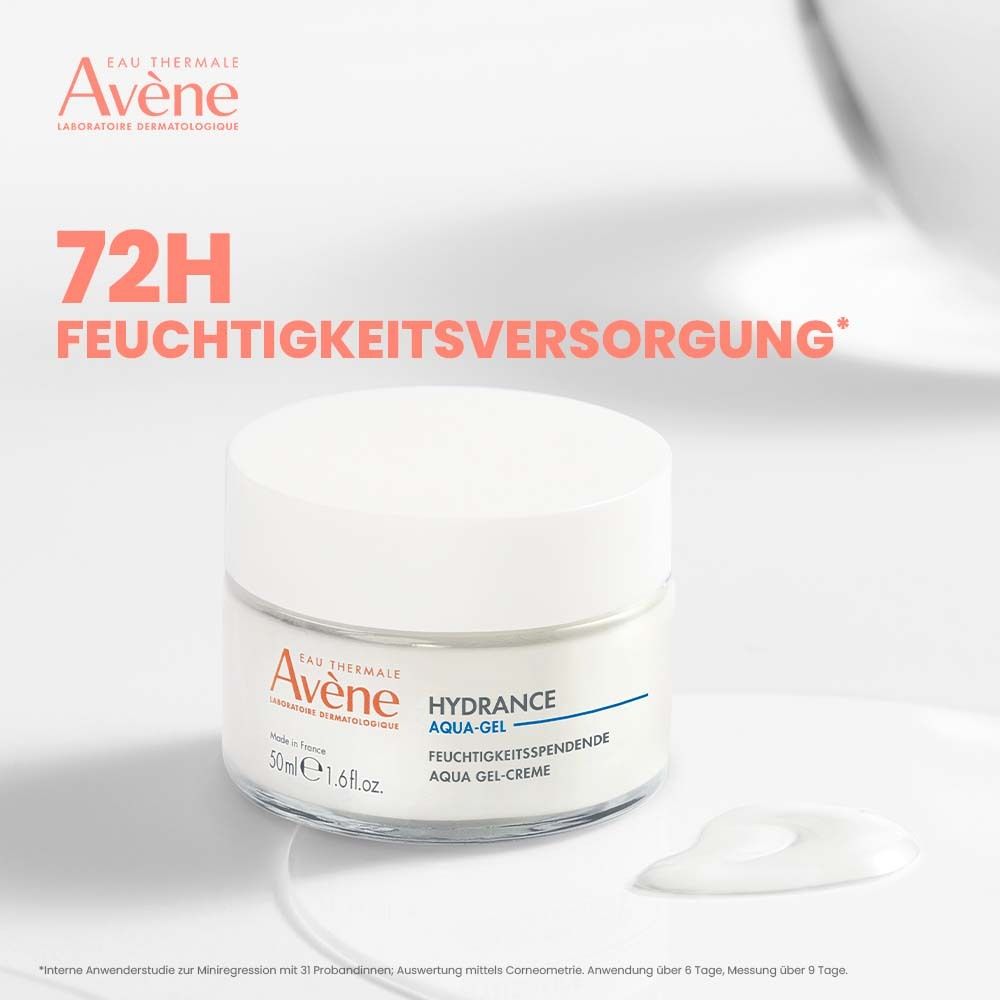 Tiegel Avène Hydrance Aqua-Gel. Aufschrift: Aqua-Gel Creme. Daneben ein Klecks Creme. Text: 72H Feuchtigkeitsversorgung.