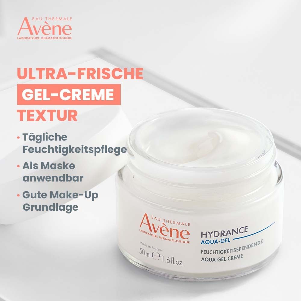 Tiegel Avène Hydrance Aqua-Gel. Aufschrift: Aqua-Gel Creme. Text: Ultra-frische Gel-Creme Textur.